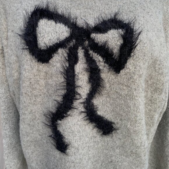 Maeve Anthropologie Sparkle Gray Bow Sweater Slouchy Oversized Holiday Party-L - Picture 2 of 10